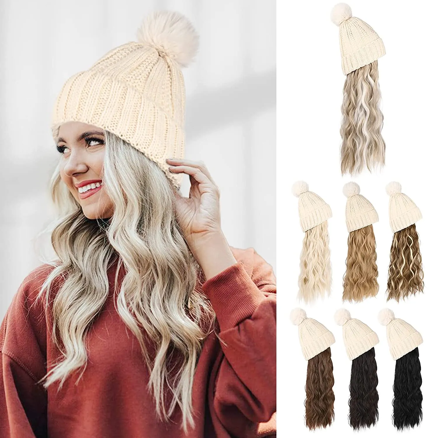 Wigyy  Ins Hot Hat Hair Extension Long Wavy Curly White Hat Wig