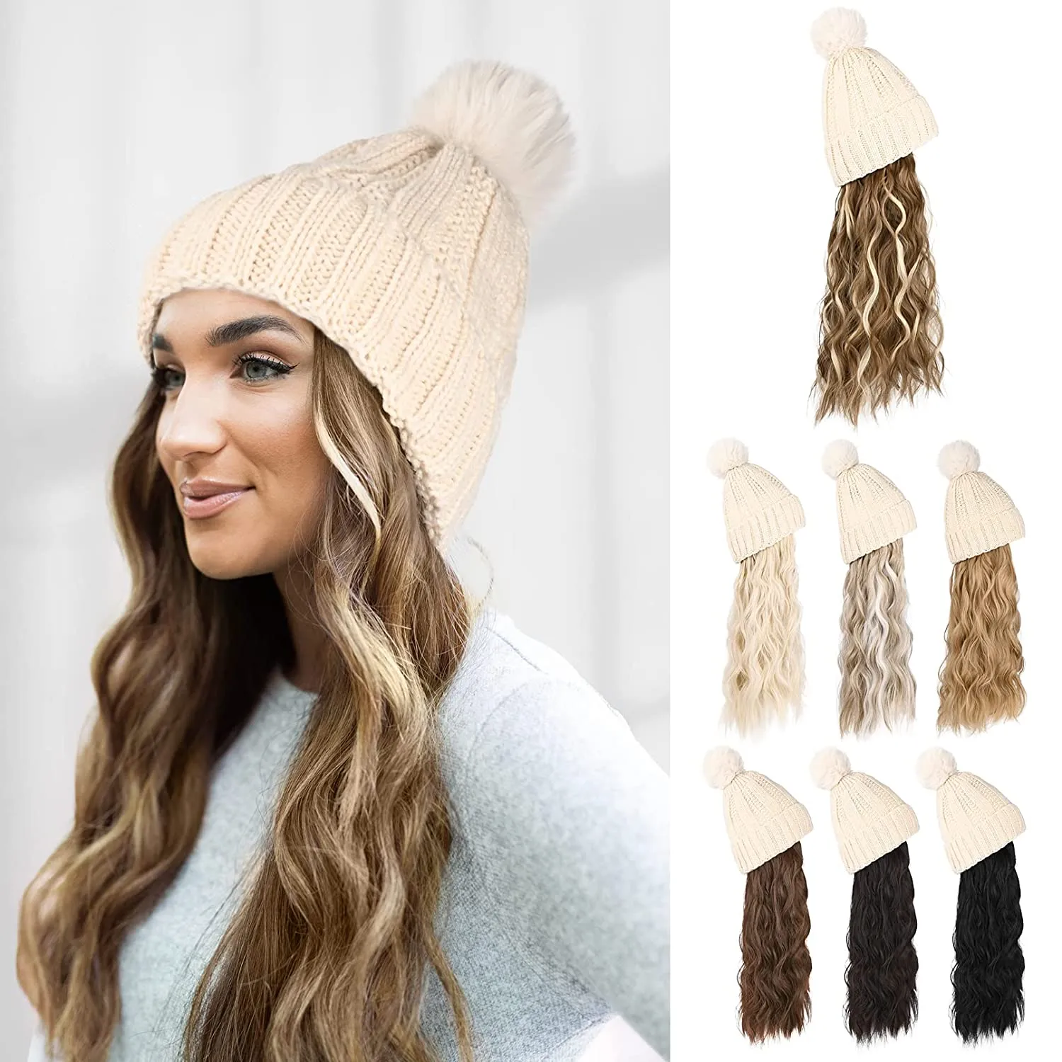 Wigyy  Ins Hot Hat Hair Extension Long Wavy Curly White Hat Wig