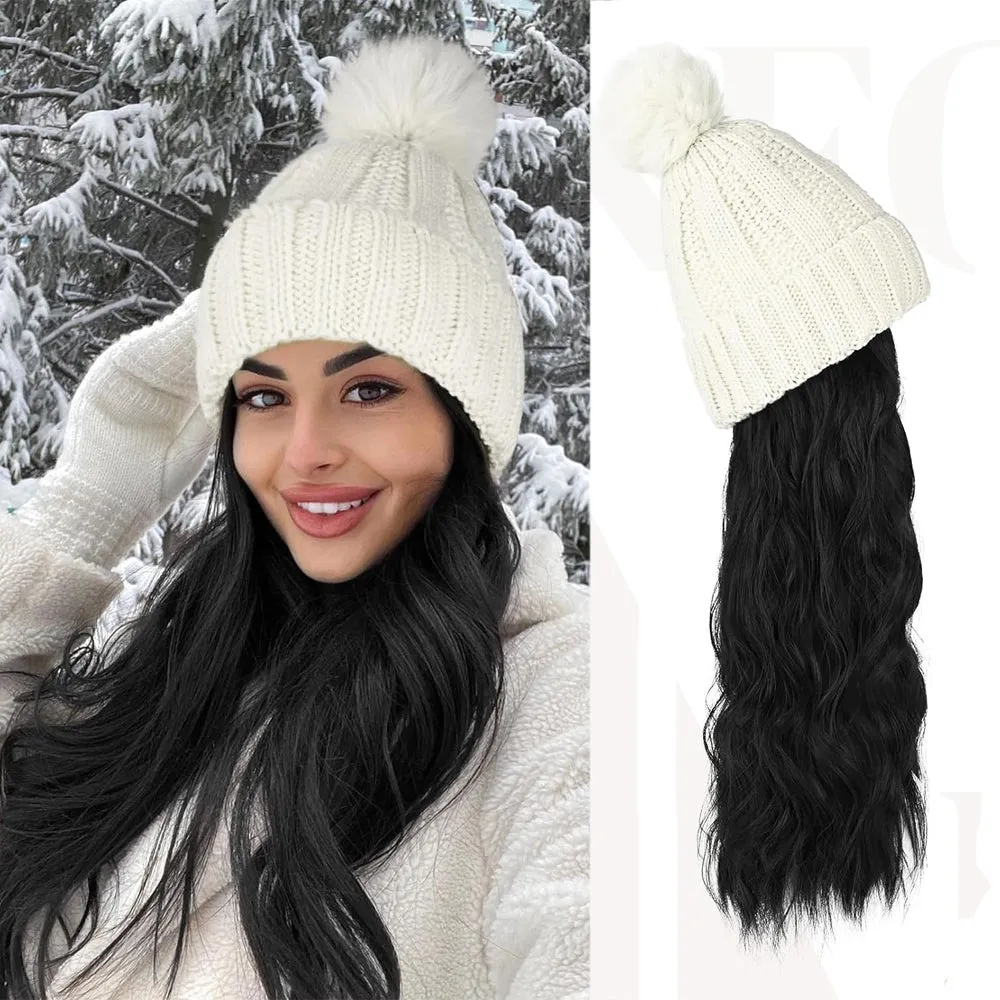 Wigyy  Ins Hot Hat Hair Extension Long Wavy Curly White Hat Wig