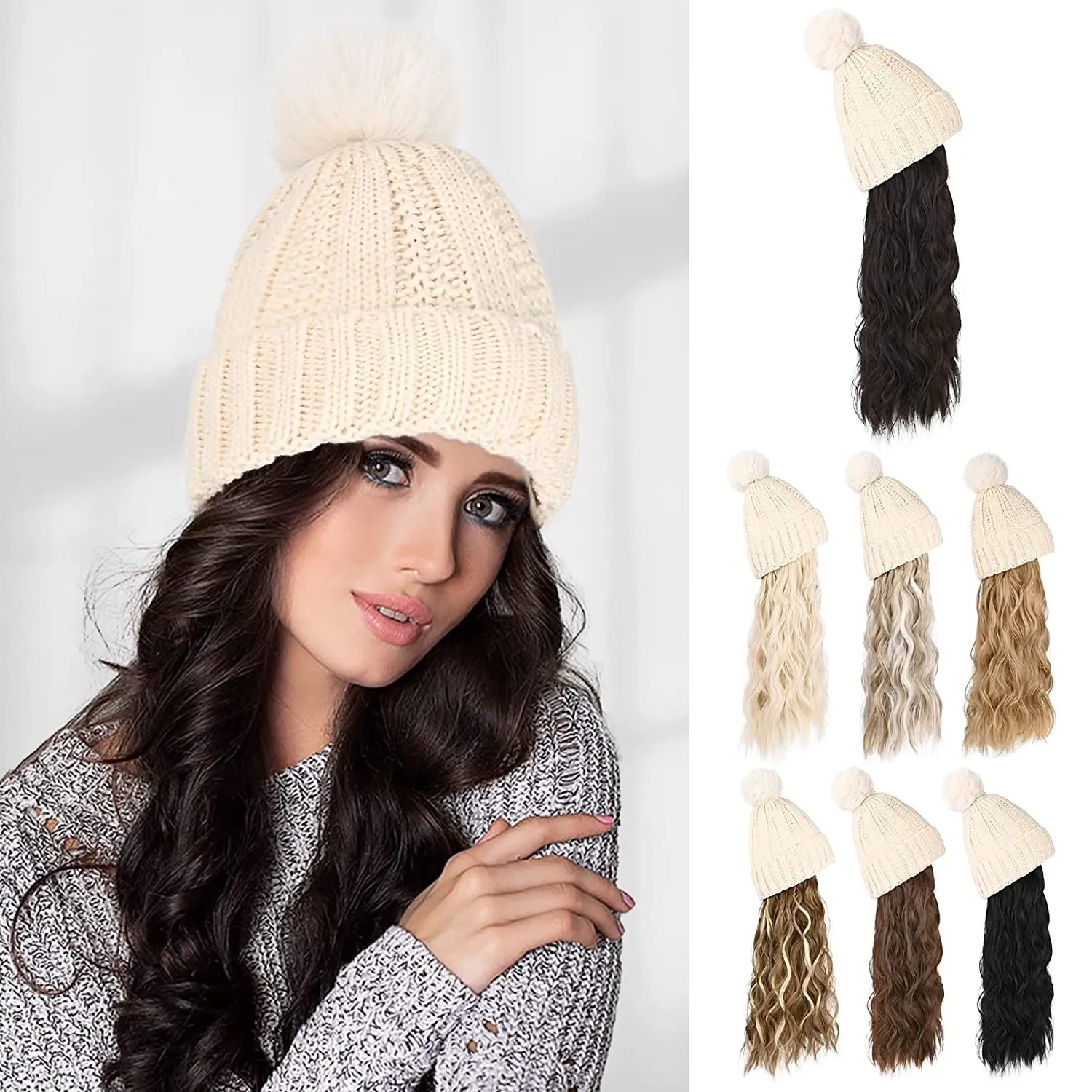Wigyy  Ins Hot Hat Hair Extension Long Wavy Curly White Hat Wig