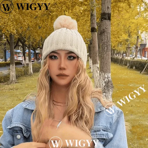 Wigyy  Ins Hot Hat Hair Extension Long Wavy Curly White Hat Wig