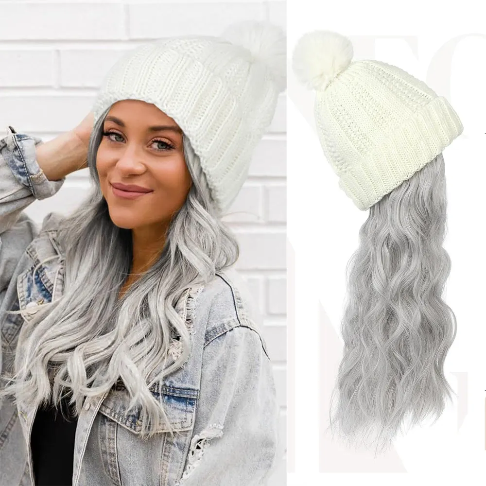 Wigyy  Ins Hot Hat Hair Extension Long Wavy Curly White Hat Wig