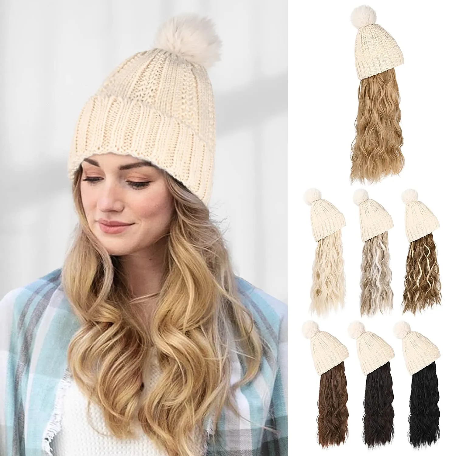 Wigyy  Ins Hot Hat Hair Extension Long Wavy Curly White Hat Wig