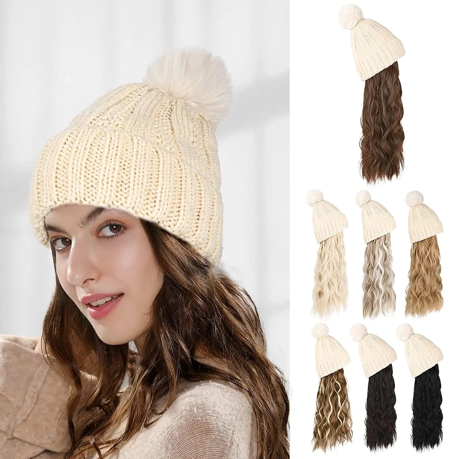 Wigyy  Ins Hot Hat Hair Extension Long Wavy Curly White Hat Wig