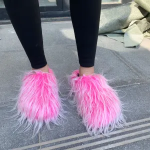 Women's Fashionable Faux Fur Slippers – Elegant Flat Platform Slip-On Shoes